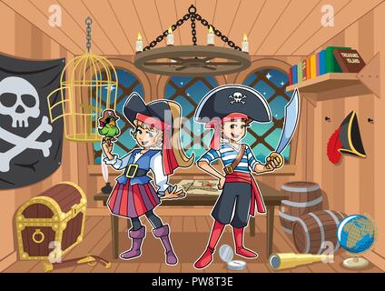 Pirate Kids in der Kabine Stock Vektor