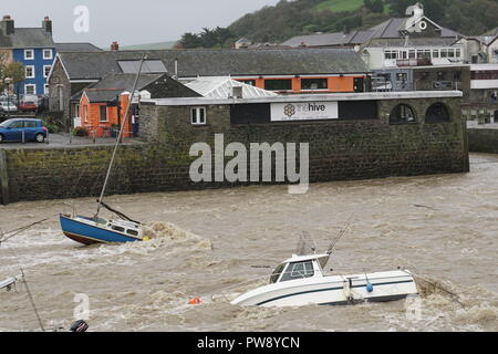 Aberaeron, UK. 13. Oktober 2018. Ein Bild der Verwüstung in Aberaeron Hafen auf der West Wales Küste am Nachmittag als schwerer Regen und starkem Wind vom Sturm Callum weiterhin Chaos zu verursachen. Flut, Wasser aus dem Fluss Aeron mit Bäumen und grossen Niederlassungen Crash in Boote es Schäden an vielen und völlig versinken. Credit: Anthony Pugh/Alamy leben Nachrichten Stockfoto