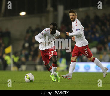 Aviva Stadium, Dublin, Irland. 13 Okt, 2018. UEFA Nationen Liga Fußball, Irland gegen Dänemark; Pione Sisto auf eine angreifende Laufen für Dänemark Credit: Aktion plus Sport/Alamy leben Nachrichten Stockfoto