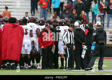 Alumni Stadium. 13 Okt, 2018. MA, USA; Louisville Cardinals Head Coach Bobby Petrino reagiert auf die Schiedsrichter während der NCAA Football Spiel zwischen Louisville Kardinäle und Boston College Eagles unter Alumni Stadium. Boston College gewann 38-20. Anthony Nesmith/CSM/Alamy leben Nachrichten Stockfoto