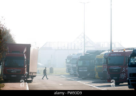 10 Oktober 2018, Sachsen-Anhalt, Magdeburg: 10. Oktober 2018, Deutschland, Magdeburg: Lkw stehen Seite an Seite an einer Raststätte auf der A2 Autobahn. Foto: Klaus-Dietmar Gabbert/dpa-Zentralbild/dpa Stockfoto