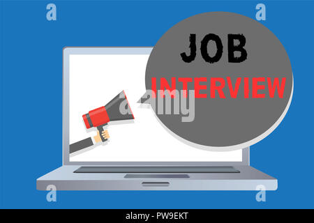 Schreiben Hinweis Übersicht Job Interview. Business foto Präsentation Bewertung Fragen Antworten Einstellung Beschäftigung Panel Mann mit Megaphon Lautsprecher s Stockfoto