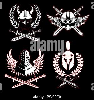 Einstellen der Embleme mit Viking alte Waffe. Design Element für Logo, Label, Emblem, Zeichen, Poster. Vector Illustration Stock Vektor