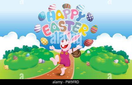 Ostern Vektor mit einem niedlichen Hasen und Ostereier. Mit frühling landschaft Hintergrund. Stock Vektor