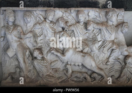 Italien. Pisa. Camposanto. Römischer Sarkophag. Fragment. Szene der Jagd. Kaiserzeit. Stockfoto