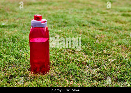 Rotes Wasser bootle auf dem Gras in einem Park Stockfoto