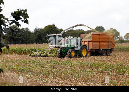 Claas Jaguar Maisernte Maschine wird von einem Traktor abgeschleppt wird. Getreide, Ernte, Harvester. Stockfoto