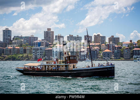 Steam tug Waratah Dämpfen in den Hafen von Sydney, Sydney, Australien, am 7. Dezember 2014 Stockfoto