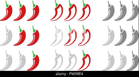 Hot Red Pepper Stärke skalieren. Einstellen der Anzeige mit leichter, mittlerer und heiße Symbol auf weißem Hintergrund. Stock Vektor