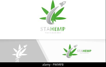 Vektor Marihuana Blatt und Rakete logo Kombination. Hanf und Flugzeug Symbol oder Icon. Einzigartige Cannabis und Flug Logo Design Template. Stock Vektor