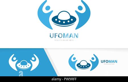 Vektor UFO und Leute logo Kombination. Raumschiff und Familie Symbol oder Icon. Einzigartige alien Logo Design Template. Stock Vektor