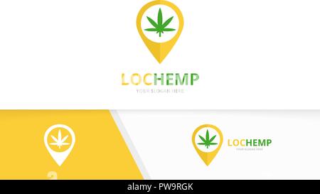 Vektor Marihuana Blatt und Kartenzeiger logo Kombination. Hanf und gps-locator Symbol oder Icon. Einzigartige Cannabis und Pin Logo Design Template. Stock Vektor