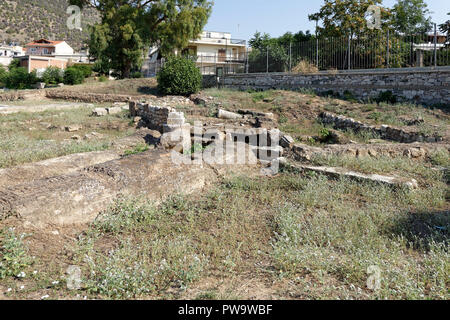 Die Ablassschraube der Agora, die Regenwasser und frisches Wasser aus dem Larissa Hill in die Agora, Argos, Peloponnes, Griechenland. Der Abfluss war Init Stockfoto