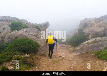 Annapurna Conservation Area, Nepal - Juli 21, 2018: Backpackers auf nebligen Trekking im Annapurna Conservation Area, Nepal Stockfoto