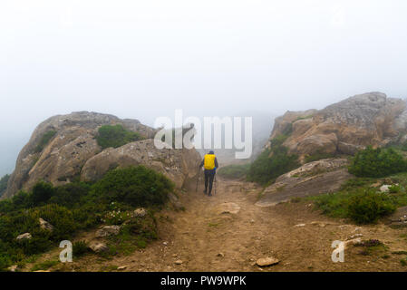 Annapurna Conservation Area, Nepal - Juli 21, 2018: Backpackers auf nebligen Trekking im Annapurna Conservation Area, Nepal Stockfoto