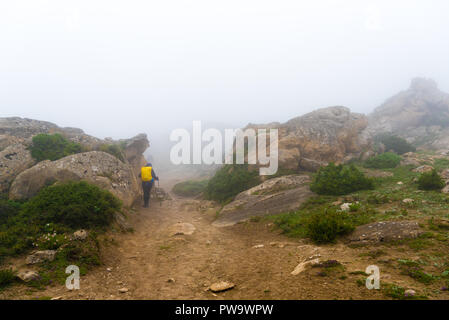 Annapurna Conservation Area, Nepal - Juli 21, 2018: Backpackers auf nebligen Trekking im Annapurna Conservation Area, Nepal Stockfoto