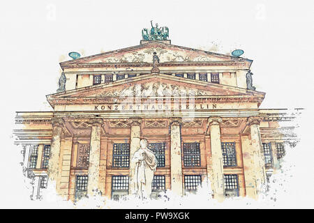 Ein Aquarell Skizze oder eine Abbildung. Konzerthaus Berlin in Deutschland. Stockfoto