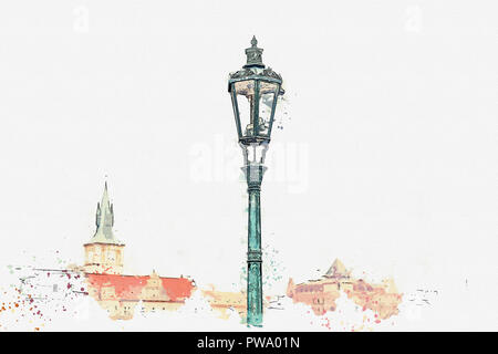Ein Aquarell Skizze oder eine Abbildung. Die Karlsbrücke in Prag in der Tschechischen Republik. Europäische alte Architektur. Laterne auf der Brücke. Stockfoto