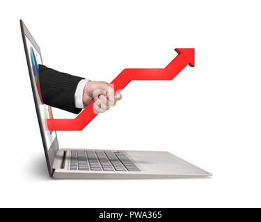Hand mit roter Pfeil outstretch vom Bildschirm in Weiß isoliert Stockfoto