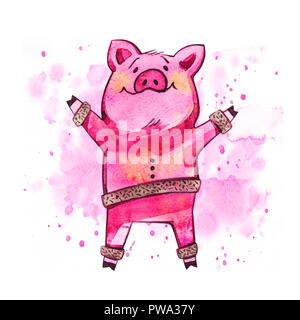 Nettes Schwein. Symbol für das Jahr 2019 Nach dem Chinesischen Kalender. Isoliert. Aquarell Abbildung. Stockfoto