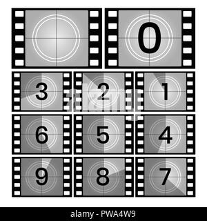 Film zählen. Retro Film countdown Frames, alte Kino Filmstreifen Count down Folien Vector Illustration Stock Vektor