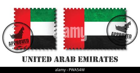 Vereinigte Arabische Emirate Fahne Muster Briefmarke mit Grunge alten Kratzer Textur und bringen Sie die Dichtung am isolierten Hintergrund. Farbe schwarz Land Name wit Stock Vektor