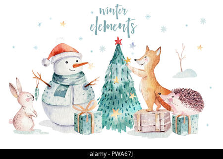 Aquarell Frohe Weihnachten Abbildung mit Schneemann, Weihnachtsbaum, Urlaub süße Tiere Fuchs, Hase und Igel. Weihnachtsfeier Karten. Wi Stockfoto