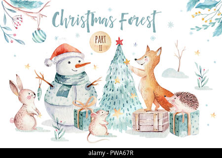 Aquarell Frohe Weihnachten Abbildung mit Schneemann, Weihnachtsbaum, Urlaub süße Tiere Fuchs, Hase und Igel. Weihnachtsfeier Karten. Wi Stockfoto