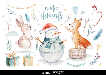 Aquarell Frohe Weihnachten Abbildung mit Schneemann, Weihnachtsbaum, Urlaub süße Tiere Fuchs, Hase und Igel. Weihnachtsfeier Karten. Wi Stockfoto