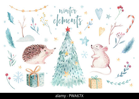Aquarell Frohe Weihnachten Abbildung mit Schneemann, Weihnachtsbaum, Urlaub süße Tiere Fuchs, Hase und Igel. Weihnachtsfeier Karten. Wi Stockfoto