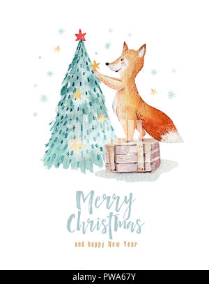 Aquarell Frohe Weihnachten Abbildung mit Schneemann, Weihnachtsbaum, Urlaub süße Tiere Fuchs, Hase und Igel. Weihnachtsfeier Karten. Wi Stockfoto