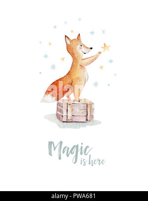 Aquarell Frohe Weihnachten Abbildung mit Schneemann, Weihnachtsbaum, Urlaub süße Tiere Fuchs, Hase und Igel. Weihnachtsfeier Karten. Wi Stockfoto
