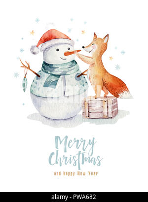 Aquarell Frohe Weihnachten Abbildung mit Schneemann, Weihnachtsbaum, Urlaub süße Tiere Fuchs, Hase und Igel. Weihnachtsfeier Karten. Wi Stockfoto