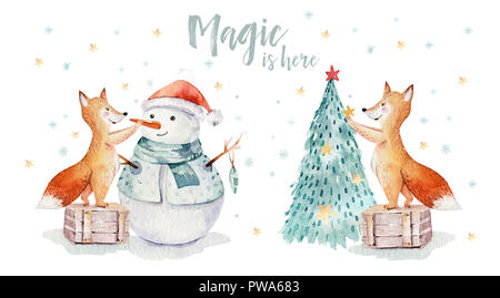 Aquarell Frohe Weihnachten Abbildung mit Schneemann, Weihnachtsbaum, Urlaub süße Tiere Fuchs, Hase und Igel. Weihnachtsfeier Karten. Wi Stockfoto