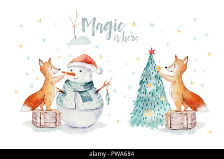 Aquarell Frohe Weihnachten Abbildung mit Schneemann, Weihnachtsbaum, Urlaub süße Tiere Fuchs, Hase und Igel. Weihnachtsfeier Karten. Wi Stockfoto