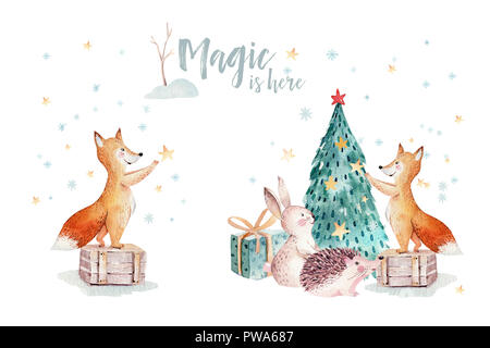 Aquarell Frohe Weihnachten Abbildung mit Schneemann, Weihnachtsbaum, Urlaub süße Tiere Fuchs, Hase und Igel. Weihnachtsfeier Karten. Wi Stockfoto