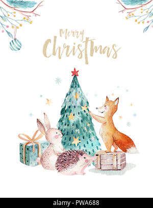Aquarell Frohe Weihnachten Abbildung mit Schneemann, Weihnachtsbaum, Urlaub süße Tiere Fuchs, Hase und Igel. Weihnachtsfeier Karten. Wi Stockfoto