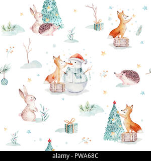 Aquarell Frohe Weihnachten nahtlose Muster mit Schneemann, Urlaub süße Tiere Fuchs, Hase und Igel. Weihnachtsbaum feier Papier. Winter neue Stockfoto