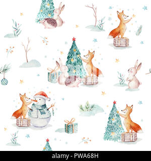 Aquarell Frohe Weihnachten nahtlose Muster mit Schneemann, Urlaub süße Tiere Fuchs, Hase und Igel. Weihnachtsbaum feier Papier. Winter neue Stockfoto