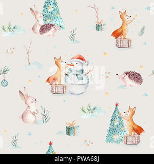 Aquarell Frohe Weihnachten nahtlose Muster mit Schneemann, Urlaub süße Tiere Fuchs, Hase und Igel. Weihnachtsbaum feier Papier. Winter neue Stockfoto