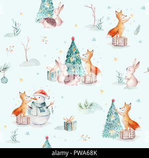 Aquarell Frohe Weihnachten nahtlose Muster mit Schneemann, Urlaub süße Tiere Fuchs, Hase und Igel. Weihnachtsbaum feier Papier. Winter neue Stockfoto