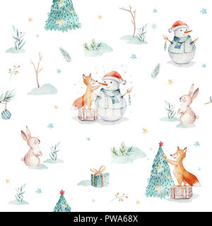 Aquarell Frohe Weihnachten nahtlose Muster mit Schneemann, Urlaub süße Tiere Fuchs, Hase und Igel. Weihnachtsbaum feier Papier. Winter neue Stockfoto