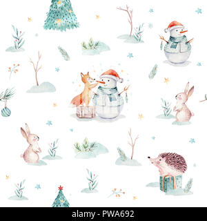 Aquarell Frohe Weihnachten nahtlose Muster mit Schneemann, Urlaub süße Tiere Fuchs, Hase und Igel. Weihnachtsbaum feier Papier. Winter neue Stockfoto