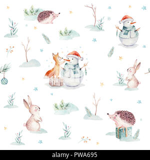 Aquarell Frohe Weihnachten nahtlose Muster mit Schneemann, Urlaub süße Tiere Fuchs, Hase und Igel. Weihnachtsbaum feier Papier. Winter neue Stockfoto