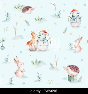Aquarell Frohe Weihnachten nahtlose Muster mit Schneemann, Urlaub süße Tiere Fuchs, Hase und Igel. Weihnachtsbaum feier Papier. Winter neue Stockfoto