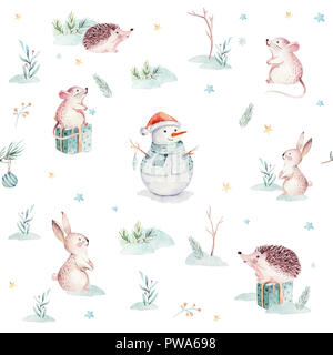 Aquarell Frohe Weihnachten nahtlose Muster mit Schneemann, Urlaub süße Tiere Fuchs, Hase und Igel. Weihnachtsbaum feier Papier. Winter neue Stockfoto