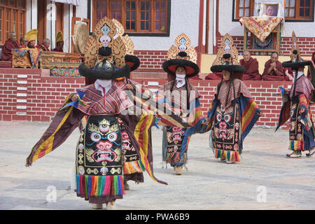 Gelugpa Mönche tanzen an der Diskit Kloster Gustor Festival, Nubra Valley, Ladakh, Indien Stockfoto