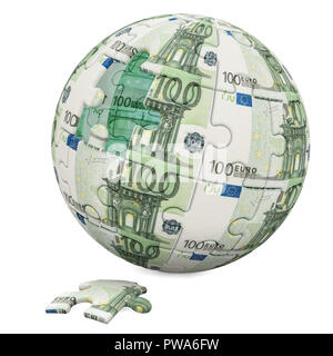 Global Finance Konzept. Euro Globus von Puzzleteile. 3D-Rendering auf weißem Hintergrund Stockfoto