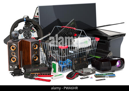 Warenkorb mit Computer und Zubehör, 3D-Rendering auf weißem Hintergrund Stockfoto