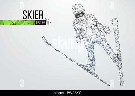 Silhouette eines Skifahrers isoliert springen. Punkte, Linien, Dreiecke, Text, Farbe, Effekte und Hintergrund auf einem separaten Layer, Farbe kann geändert werden, c Stock Vektor